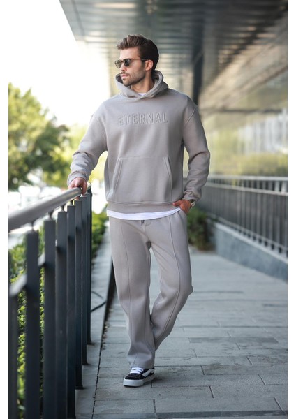 Boyalı Gri Kapüşonlu Erkek Eşofman Takımı E7324