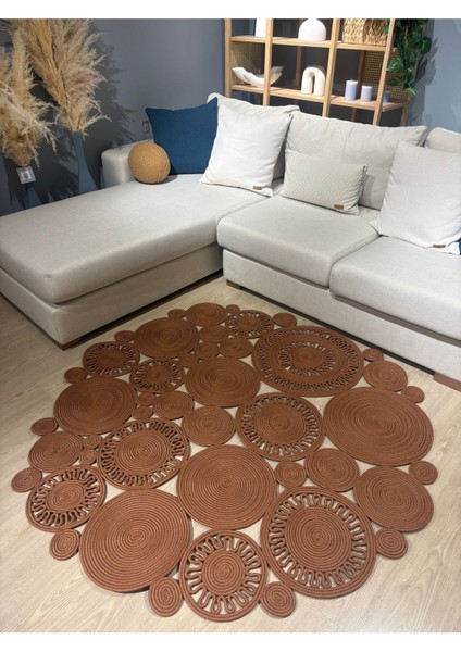 Tarçın Rengi Harmony Jüt Doğal Hasır Kilim Bej Geometrik Bohem Yuvarlak El Örmesi Halı