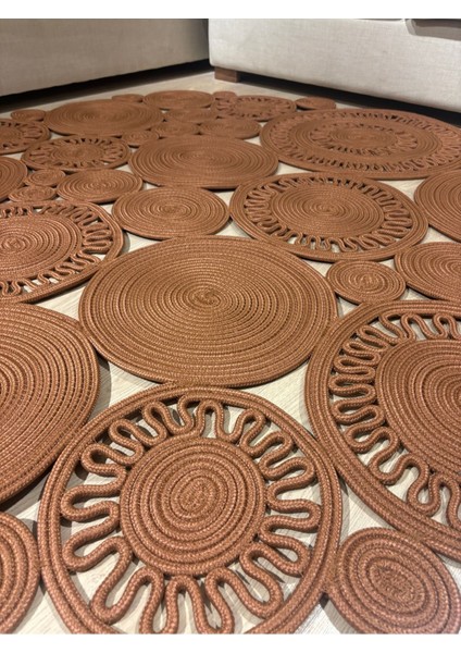 Tarçın Rengi Harmony Jüt Doğal Hasır Kilim Bej Geometrik Bohem Yuvarlak El Örmesi Halı modelleri