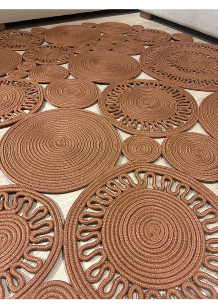 Tarçın Rengi Harmony Jüt Doğal Hasır Kilim Bej Geometrik Bohem Yuvarlak El Örmesi Halı fırsatları