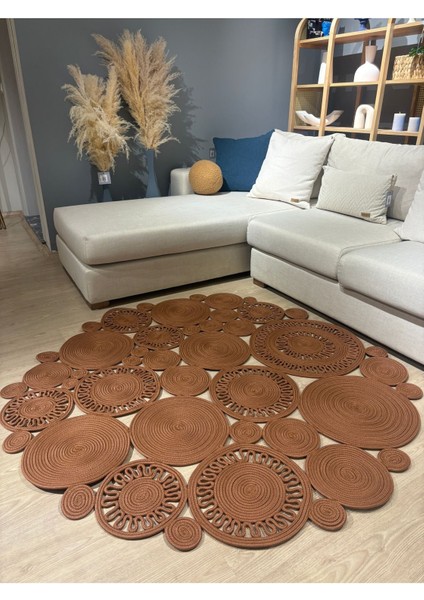 Tarçın Rengi Harmony Jüt Doğal Hasır Kilim Bej Geometrik Bohem Yuvarlak El Örmesi Halı indirimleri