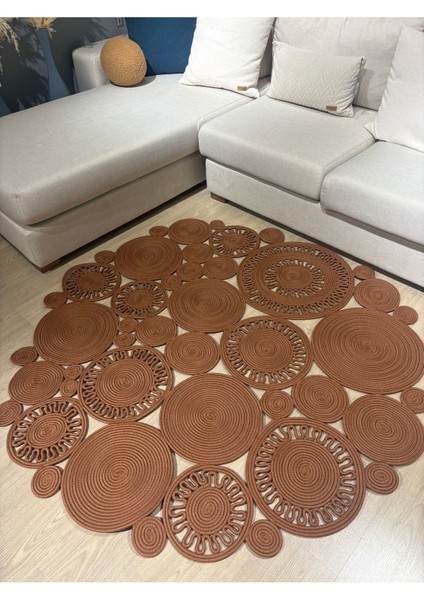 Tarçın Rengi Harmony Jüt Doğal Hasır Kilim Bej Geometrik Bohem Yuvarlak El Örmesi Halı