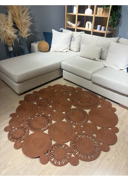 Tarçın Rengi Harmony Jüt Doğal Hasır Kilim Bej Geometrik Bohem Yuvarlak El Örmesi Halı