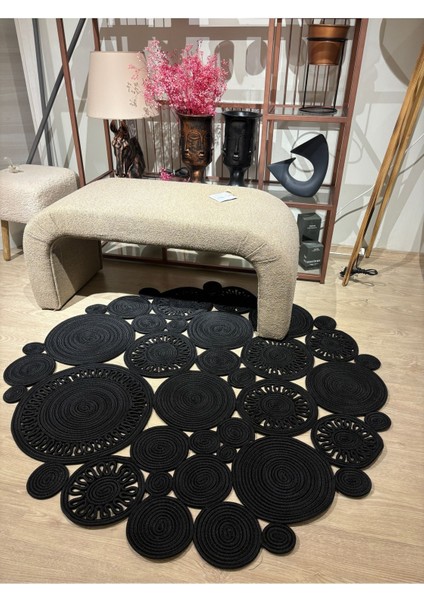 Harmony Jüt Doğal Hasır Kilim Bej Geometrik Bohem Yuvarlak El Örmesi Halı