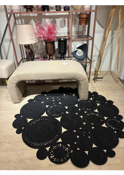 Harmony Jüt Doğal Hasır Kilim Bej Geometrik Bohem Yuvarlak El Örmesi Halı modelleri