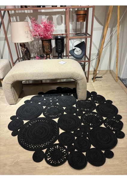 Harmony Jüt Doğal Hasır Kilim Bej Geometrik Bohem Yuvarlak El Örmesi Halı