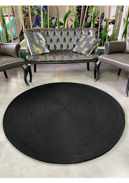 Siyah Jüt Yuvarlak Hasır Görünümlü Klasik Halı Kilim