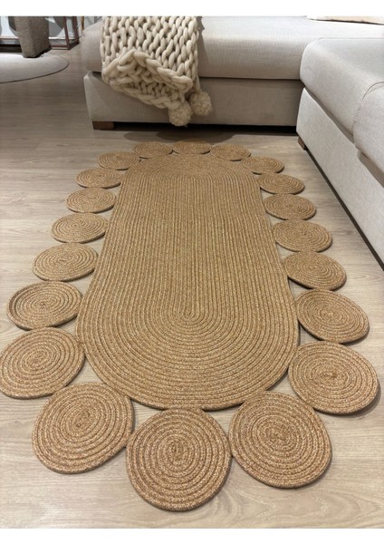 Oval Papatya Hasır Jüt Çiçek Desenli Kilim Halı