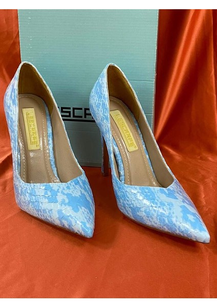 LES011 Bebe Mavisi Yılan Derisi Desenli Stiletto Kadın Topuklu Ayakkabı modelleri