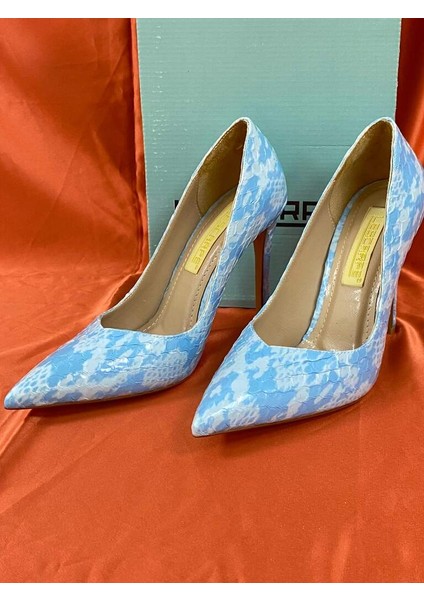 LES011 Bebe Mavisi Yılan Derisi Desenli Stiletto Kadın Topuklu Ayakkabı fırsatları