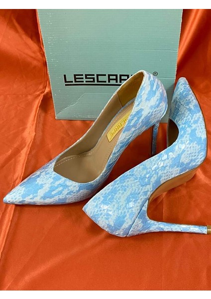 LES011 Bebe Mavisi Yılan Derisi Desenli Stiletto Kadın Topuklu Ayakkabı indirimleri