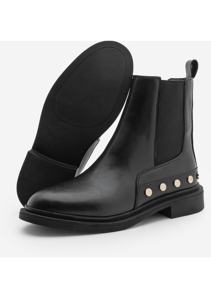 Kadın Altın Zımba Detaylı Çift Lastikli Günlük Bot Pamer Siyah