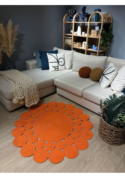 Turuncu Hasır Jüt Çiçek Desenli Kilim Halı fırsatları