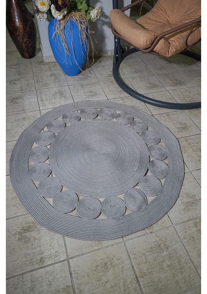 Jüt Hasır Şık Çerçeve Detay Modern Gri Yuvarlak Kilim Halı