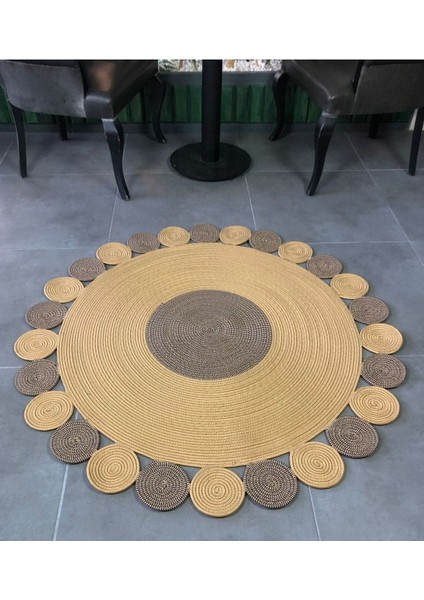 Bej Jüt Hasırlı El Örgüsü Kilim Halı Hasır Yuvarlak