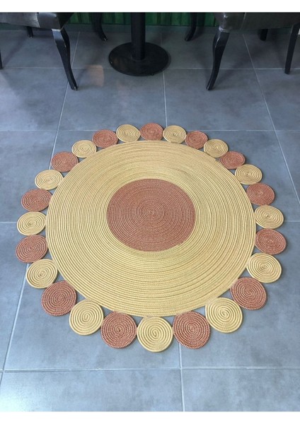Bej Jüt Hasırlı El Örgüsü Kilim Halı Hasır Yuvarlak