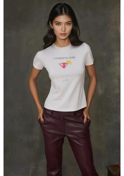 Kadın Kadın Bisiklet Yaka Kısa Kollu Önü Baskılı Pamuklu T-Shirt Pembe