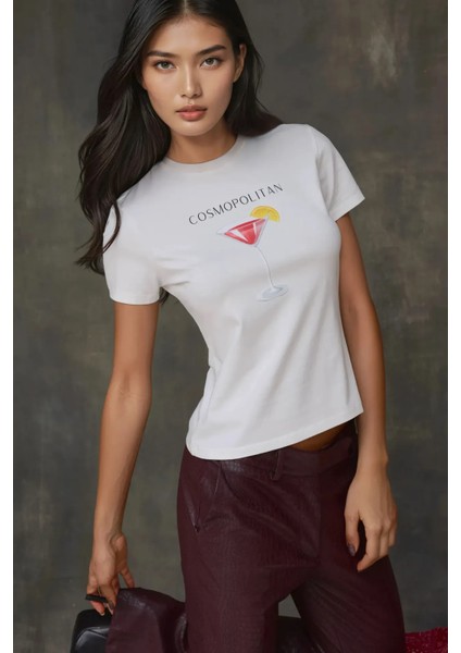 Kadın Kadın Bisiklet Yaka Kısa Kollu Önü Baskılı Pamuklu T-Shirt Pembe