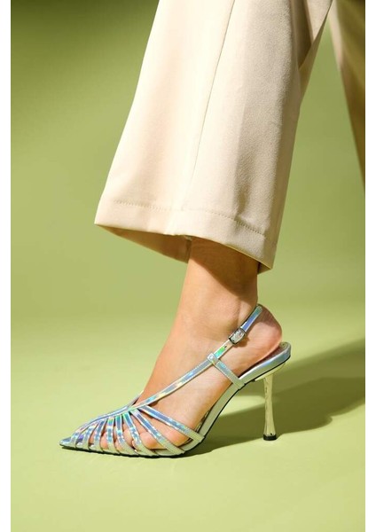 LES06 Gümüş Hologram Kadın Topuklu Ayakkabı Stiletto