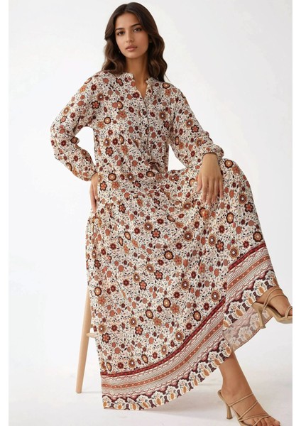 Kadın Düğmeli Baskılı V Yaka Modest Elbise Multicolor fiyatları