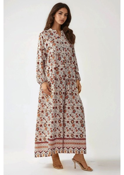 Kadın Düğmeli Baskılı V Yaka Modest Elbise Multicolor fırsatları