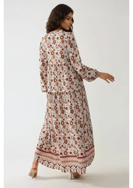 Kadın Düğmeli Baskılı V Yaka Modest Elbise Multicolor