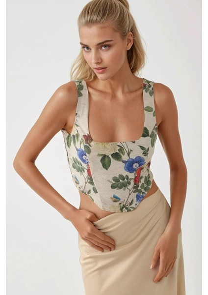 Kadın Kare Yaka Çiçek Desenli Gipeli Crop Top Çok Renkli