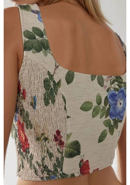 Kadın Kare Yaka Çiçek Desenli Gipeli Crop Top Çok Renkli