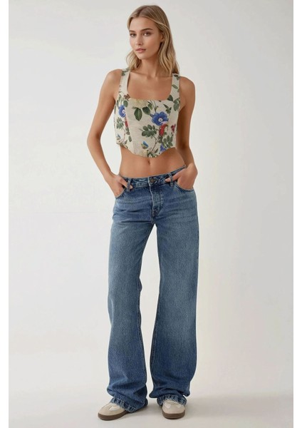 Kadın Kare Yaka Çiçek Desenli Gipeli Crop Top Çok Renkli