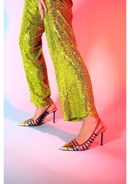 LES07 Altın Multi Kadın Topuklu Ayakkabı Stiletto