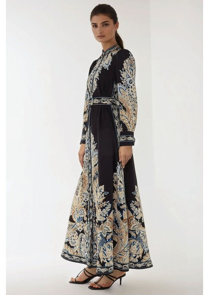 Kadın Baskılı Uzun Kol Kemerli Modest Elbise Siyah indirimleri