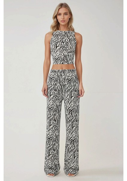 Kadın Geniş Paça Zebra Desenli Pantolon Multicolor