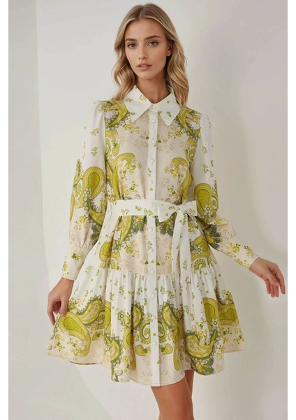 Kadın Baskılı Uzun Kol Kemerli Mini Elbise Multicolor