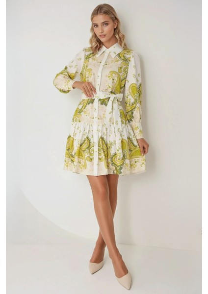 Kadın Baskılı Uzun Kol Kemerli Mini Elbise Multicolor fırsatları