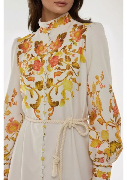 Kadın Baskılı Uzun Kol Kuşaklı Modest Elbise Multicolor fiyatları