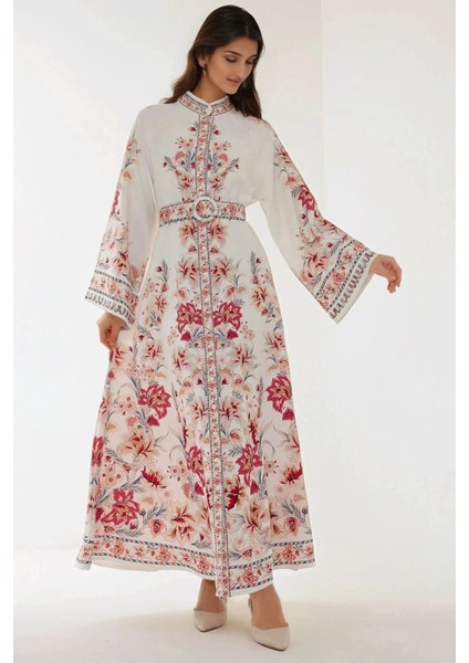 Kadın Baskılı Uzun Kol Kemerli Modest Elbise Multicolor