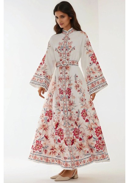 Kadın Baskılı Uzun Kol Kemerli Modest Elbise Multicolor