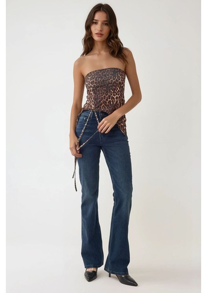 Kadın Leopar desenli Büzgü Detaylı Straplez Crop Üst Çok Renkli