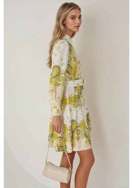 Kadın Baskılı Uzun Kol Kemerli Mini Elbise Multicolor indirimleri