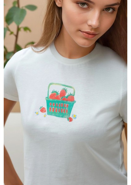 Kadın Baskı Detaylı Regular Fit Bisiklet Yakalı %100 Pamuklu Crop T-shirt Çok Renkli fiyatları