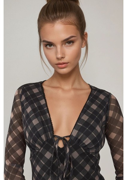Kadın Derin V yaka Şerit Detaylı Önü Bağlamalı Ekose Desenli Tül Midi Elbise Multicolor modelleri