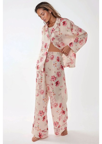Kadın Baskılı Saten Pijama Takımı Multicolor