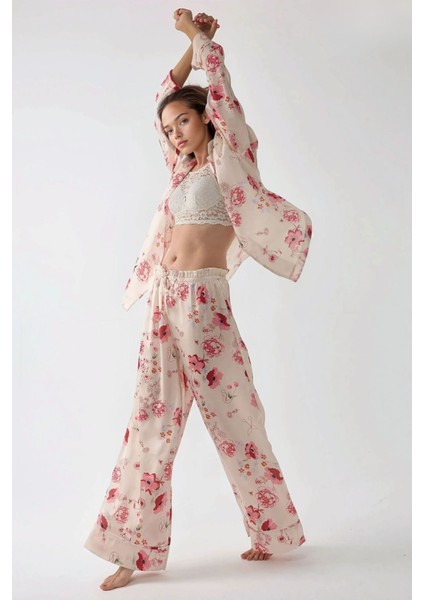 Kadın Baskılı Saten Pijama Takımı Multicolor