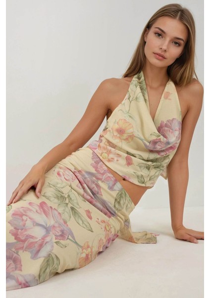 Kadın Choker Yaka Çiçekli Bluz Çok Renkli