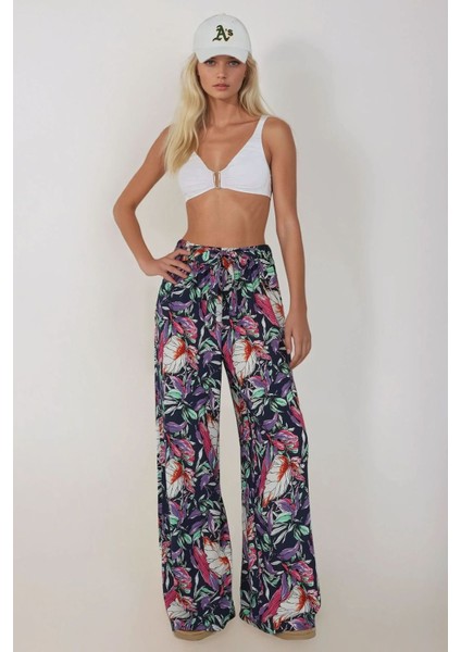 Kadın Çekmece İpli Baskılı Geniş Paça Pantolon Multicolor
