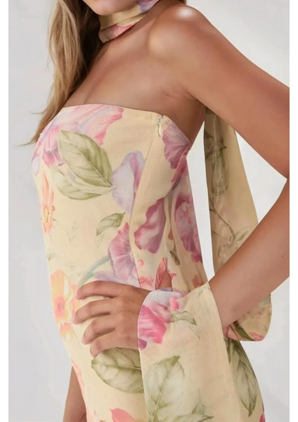 Kadın Straplez Çiçek Desenli Tül Kuşaklı Bodycon Maxi Elbise Multicolor modelleri