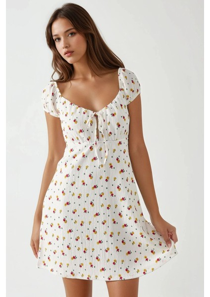 Kadın Dokulu Çiçekli Mini Elbise Çok Renkli