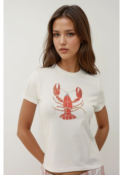 Kadın Kadın Bisiklet Yaka Kısa Kollu Önü Baskılı Pamuklu T-Shirt Çok Renkli