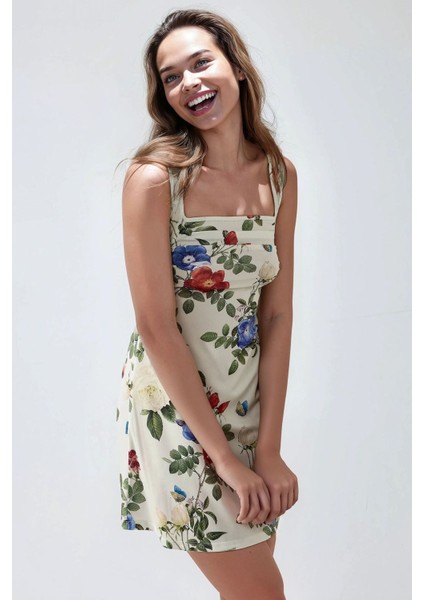 Kadın Kare Yaka Desenli Vücuda Oturan Likralı Esnek Mini Elbise Çok Renkli modelleri