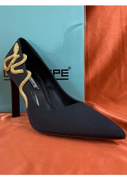 LES09 Siyah Kadın Topuklu Ayakkabı Yılan Detaylı Stiletto